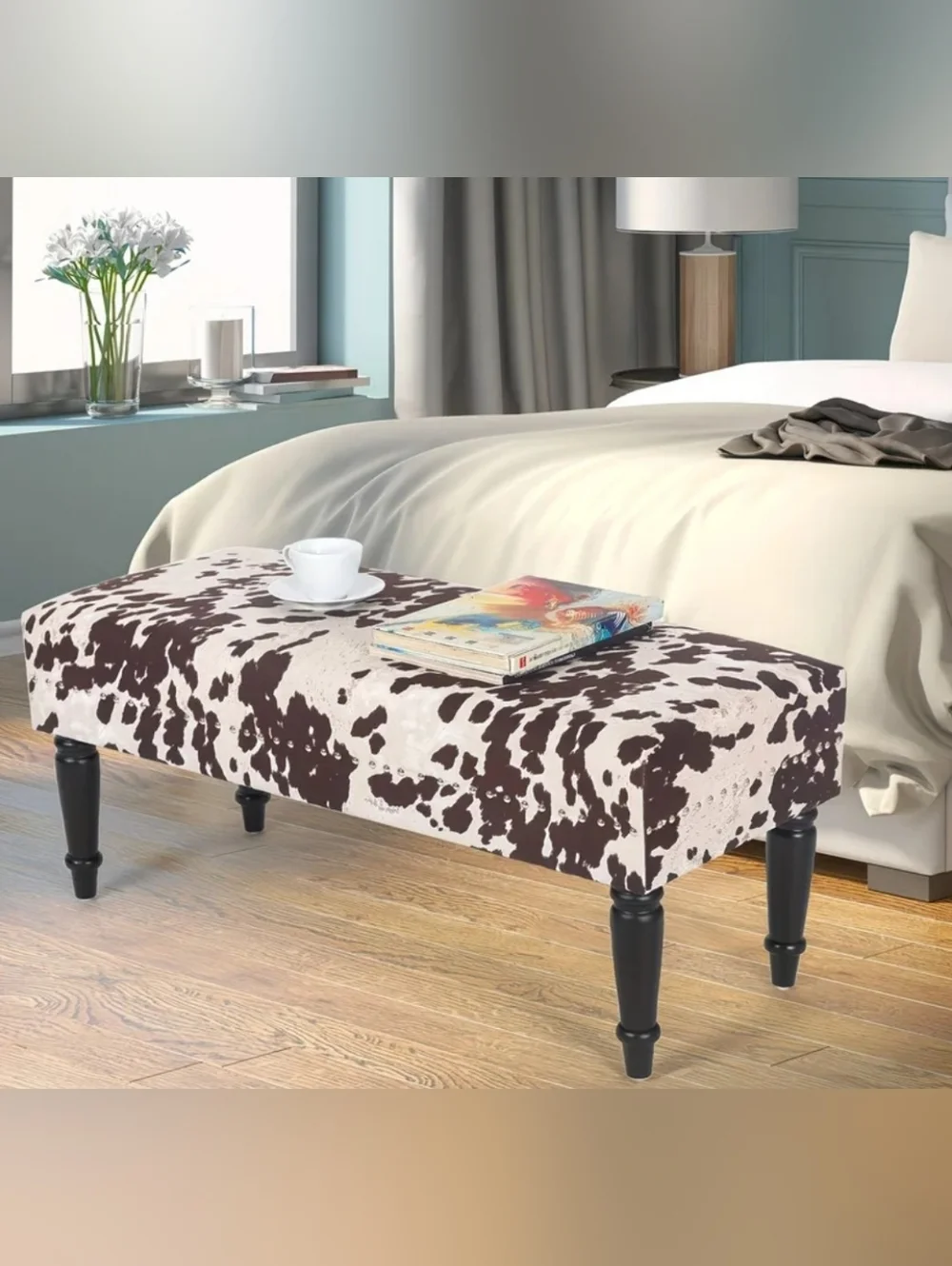 Cowhide Print Upholstered Accent Bench - Brown and White